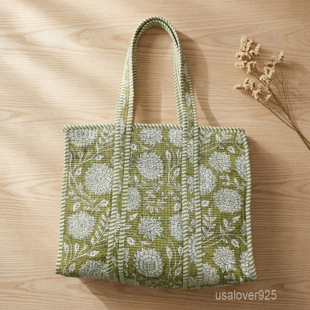 Green Floral Quilted Cotton Tote Bag with Block Print Design and Striped Straps