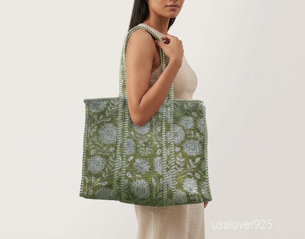 Green Floral Quilted Cotton Tote Bag with Block Print Design and Striped Straps