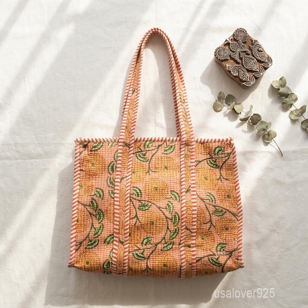 Quilted Floral Block Print Cotton Tote Bag with Striped Handles and Earthy Tones