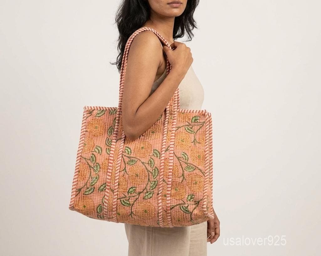 Quilted Floral Block Print Cotton Tote Bag with Striped Handles and Earthy Tones