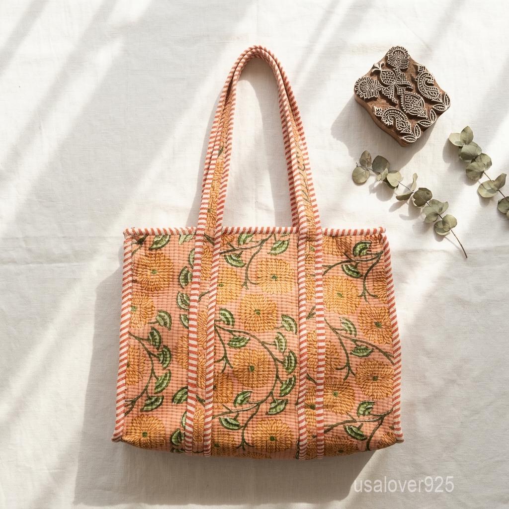 Quilted Floral Block Print Cotton Tote Bag with Striped Handles and Earthy Tones