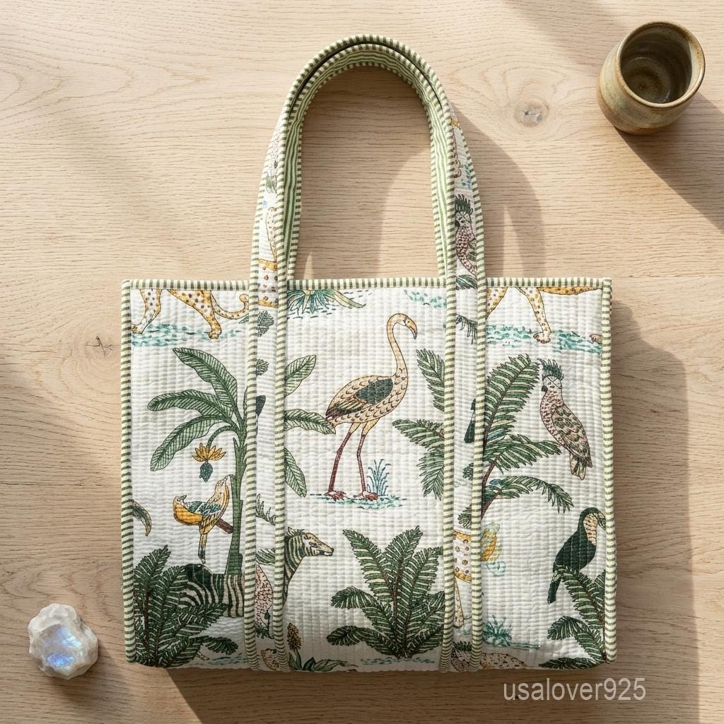 Jungle Theme Quilted Cotton Tote Bag with Wildlife Block Print and Shoulder Handles