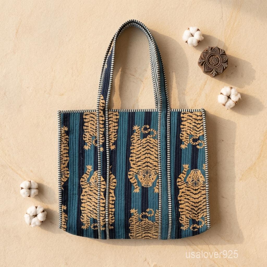 Blue Tiger Quilted Cotton Tote Bag, Handcrafted Shoulder Shopper, Striped Animal Travel Handbag