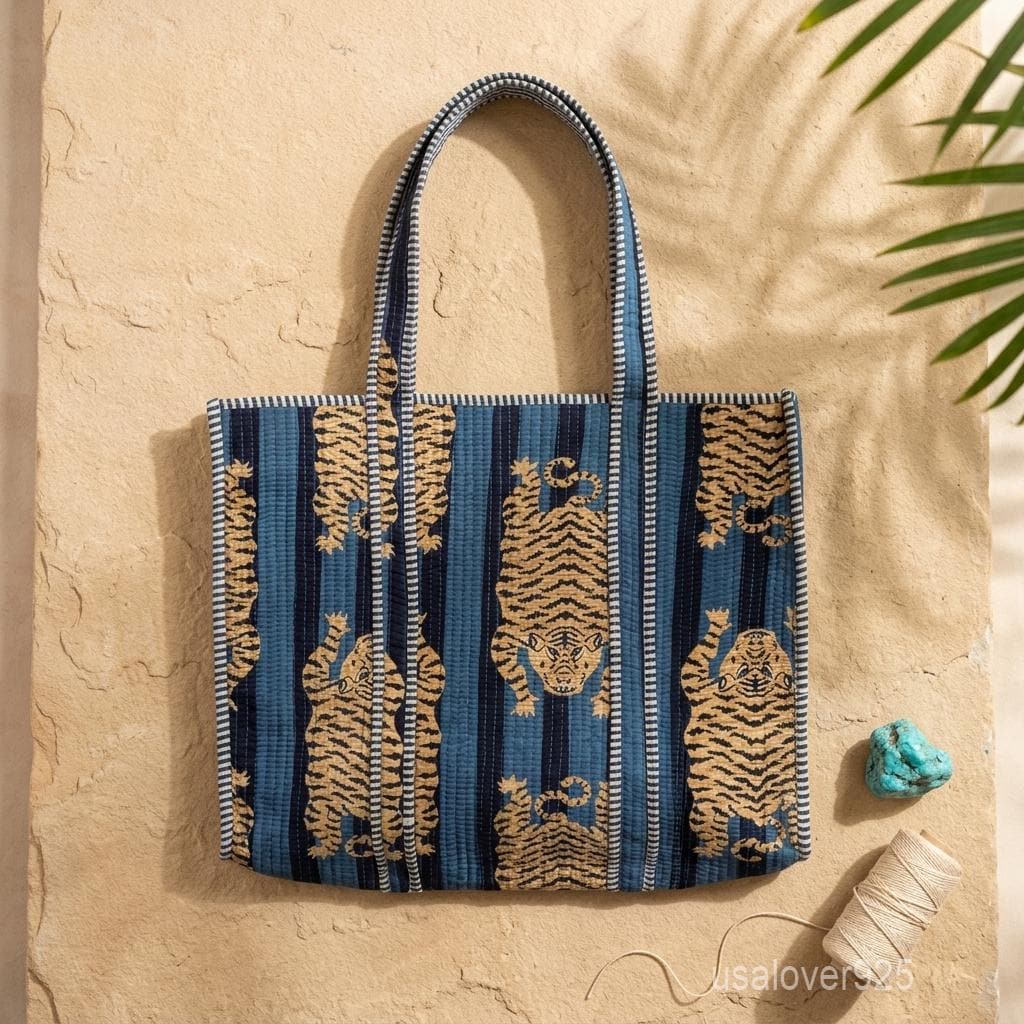 Blue Tiger Quilted Cotton Tote Bag, Handcrafted Shoulder Shopper, Striped Animal Travel Handbag