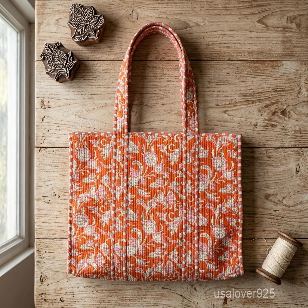 Orange Floral Quilted Cotton Tote Bag, Handcrafted Shoulder Shopper, Rust Flower Travel Handbag