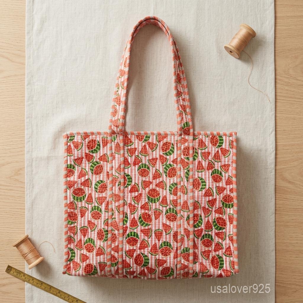 Red Watermelon Quilted Cotton Tote Bag, Handcrafted Shoulder Shopper, Striped Fruit Travel Handbag