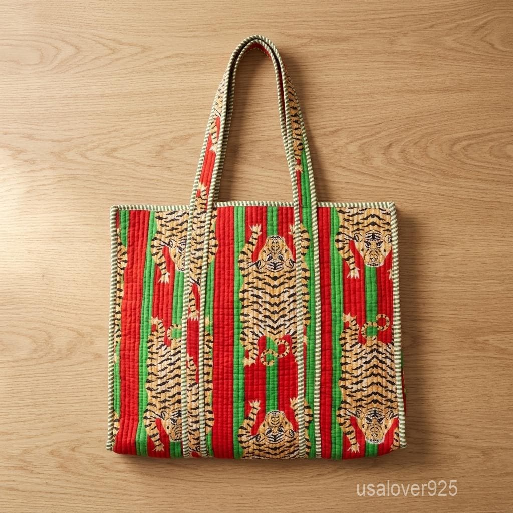 Red Tiger Quilted Cotton Tote Bag, Handcrafted Shoulder Shopper Purse, Green Striped Travel Carrier