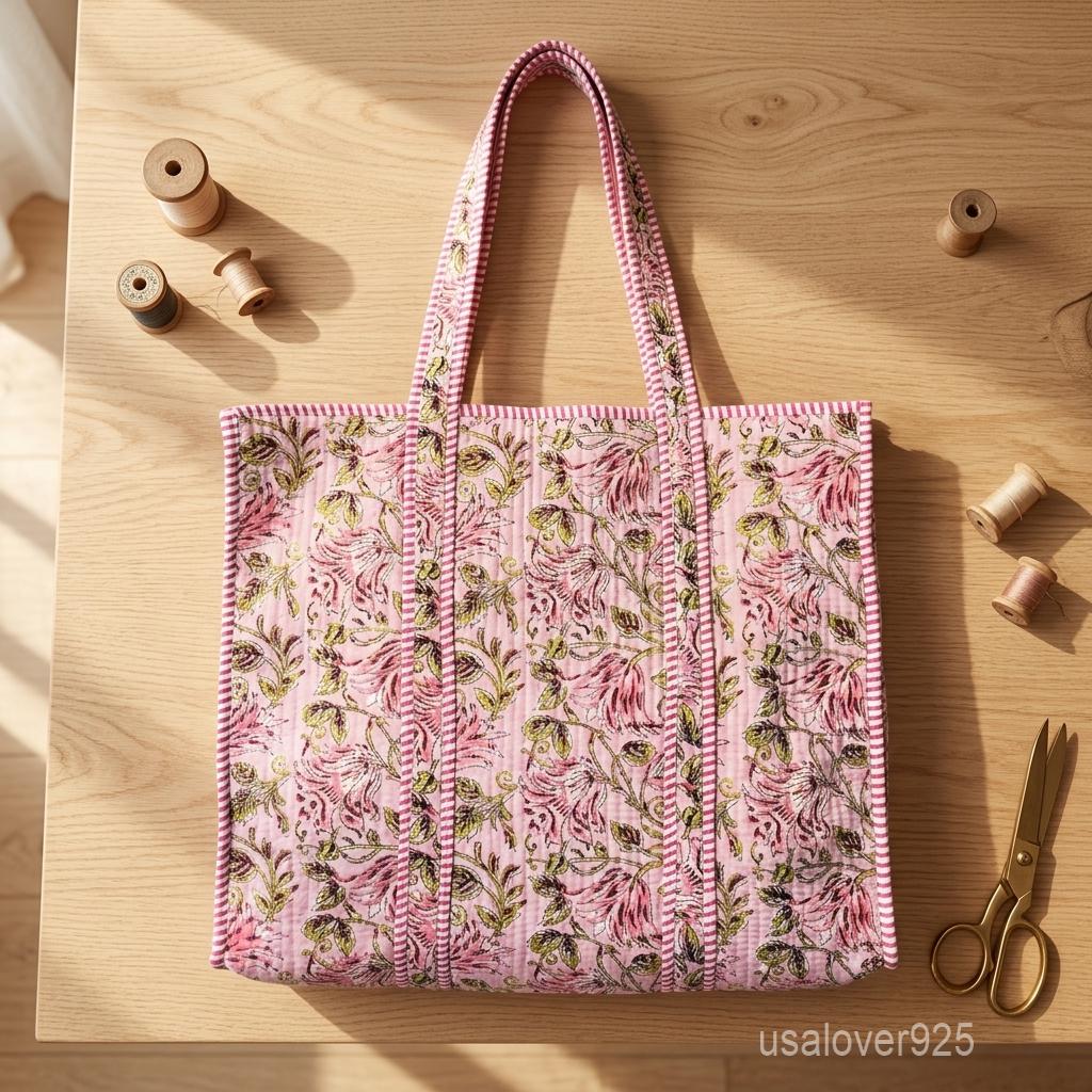 Quilted Cotton Tote Bag with Artisan Pattern Prints and Large Shoulder Handles