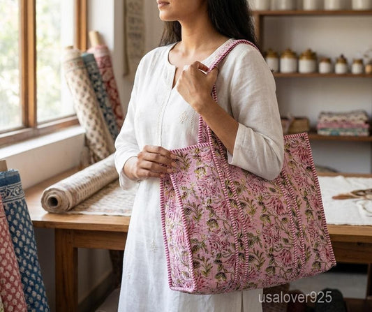 Quilted Cotton Tote Bag with Artisan Pattern Prints and Large Shoulder Handles - Taxocrafts