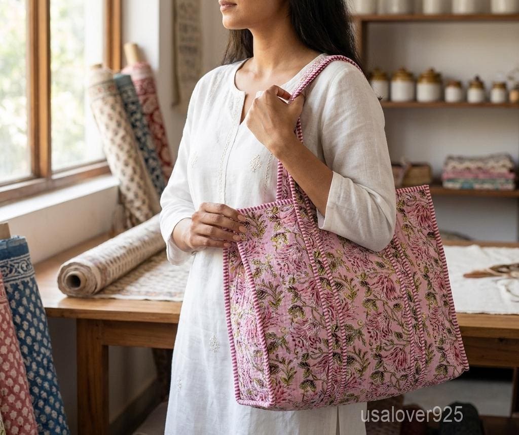 Quilted Cotton Tote Bag with Artisan Pattern Prints and Large Shoulder Handles