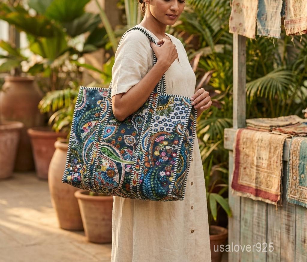 Quilted Paisley Cotton Tote Bag with Floral Hand Print and Inner Pocket