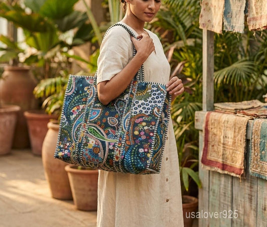 Quilted Paisley Cotton Tote Bag with Floral Hand Print and Inner Pocket - Taxocrafts