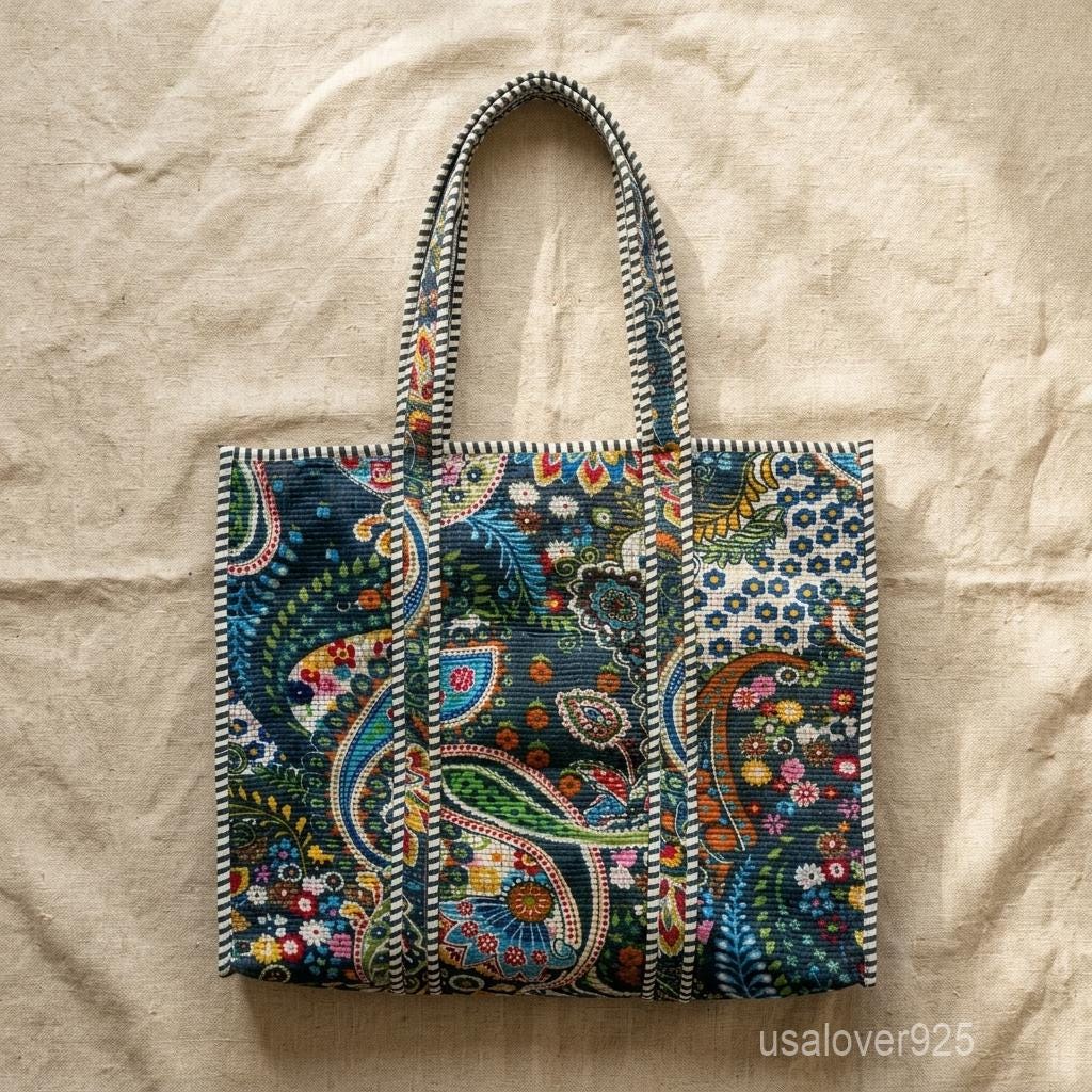 Quilted Paisley Cotton Tote Bag with Floral Hand Print and Inner Pocket