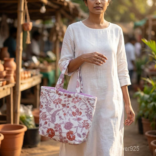 Floral Quilted Cotton Tote Bag with Jaipuri Block Print and Magnet Closure - Taxocrafts