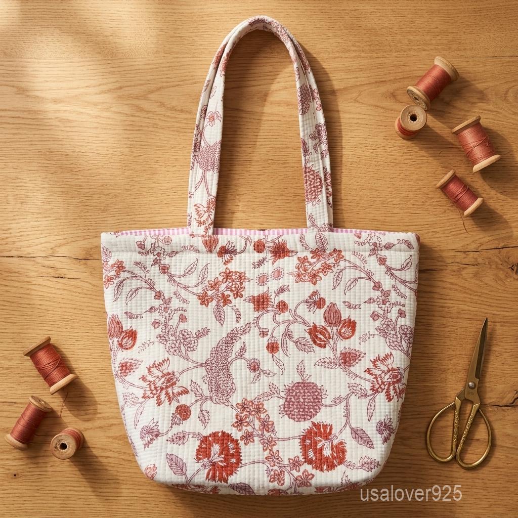 Floral Quilted Cotton Tote Bag with Jaipuri Block Print and Magnet Closure