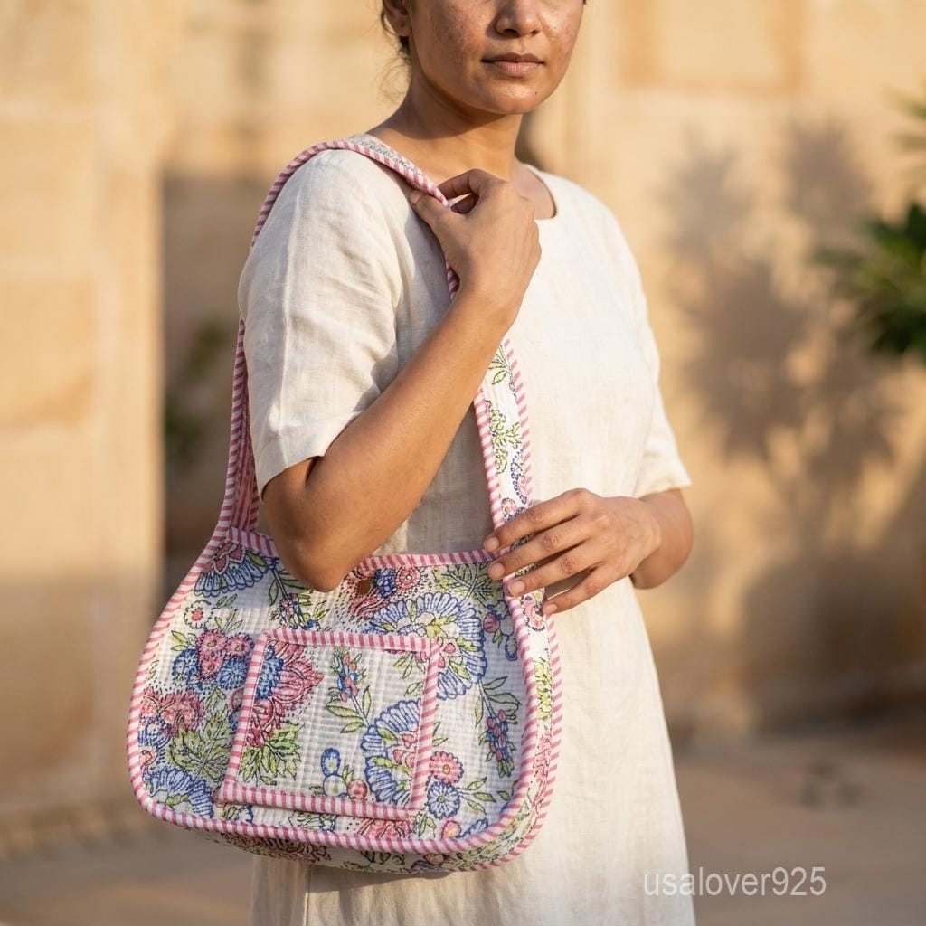 Colorful Pastel Floral Quilted Cotton Shoulder Bag with Front Pocket and Magnetic Snap