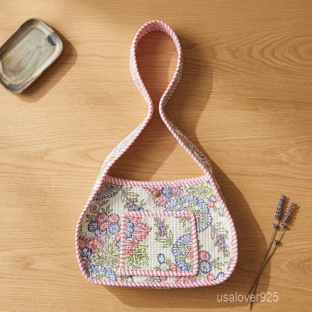 Colorful Pastel Floral Quilted Cotton Shoulder Bag with Front Pocket and Magnetic Snap