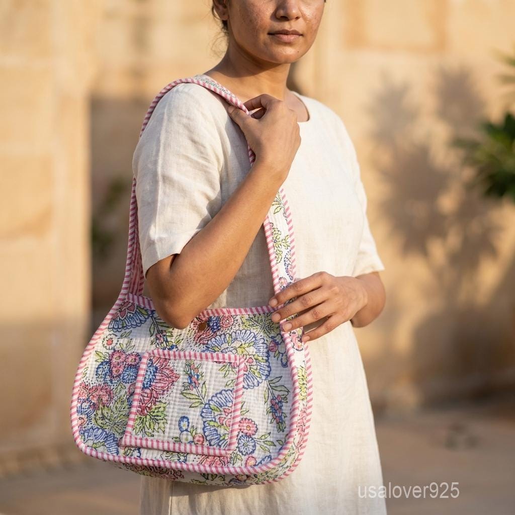 Colorful Pastel Floral Quilted Cotton Shoulder Bag with Front Pocket and Magnetic Snap