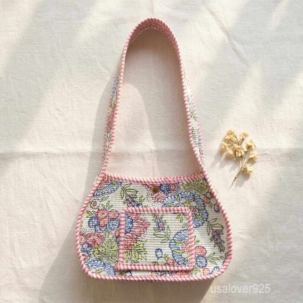 Colorful Pastel Floral Quilted Cotton Shoulder Bag with Front Pocket and Magnetic Snap