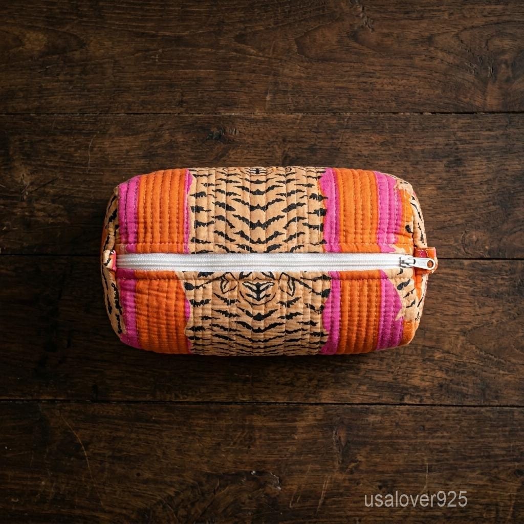Orange Floral Quilted Cotton Toiletry Bags Set of 3 with Waterproof Plastic Lining