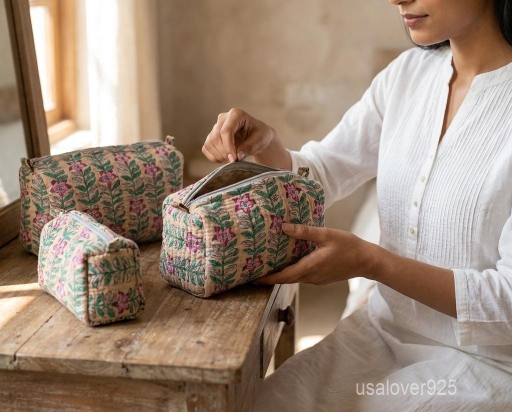 Beige Floral Quilted Cotton Toiletry Bags Set of 3 with Waterproof Plastic Lining