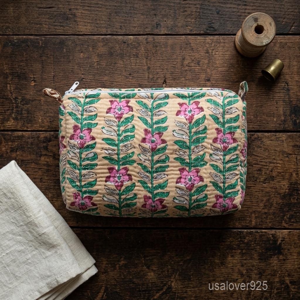 Beige Floral Quilted Cotton Toiletry Bags Set of 3 with Waterproof Plastic Lining