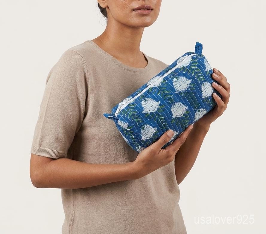 Blue Block Print Quilted Cotton Toiletry Bags Set of 3 with Waterproof Lining