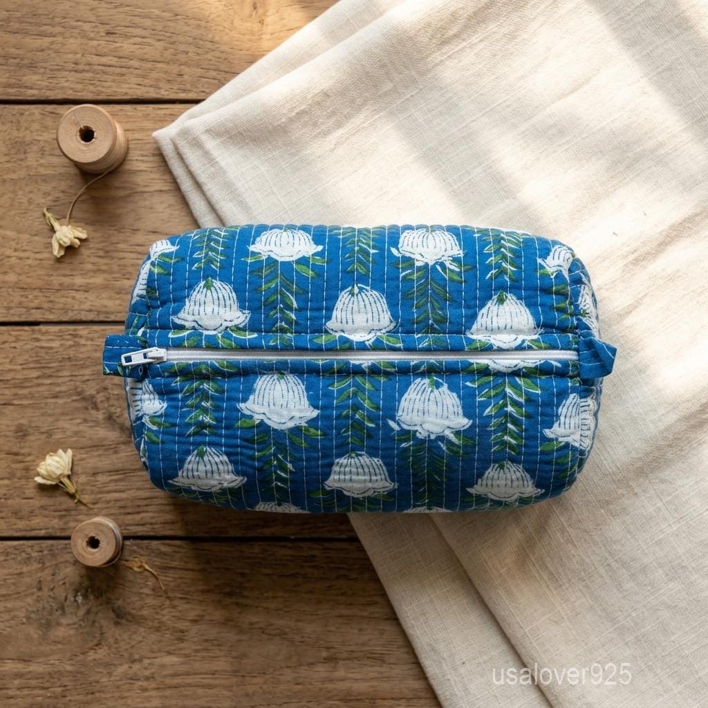 Blue Block Print Quilted Cotton Toiletry Bags Set of 3 with Waterproof Lining