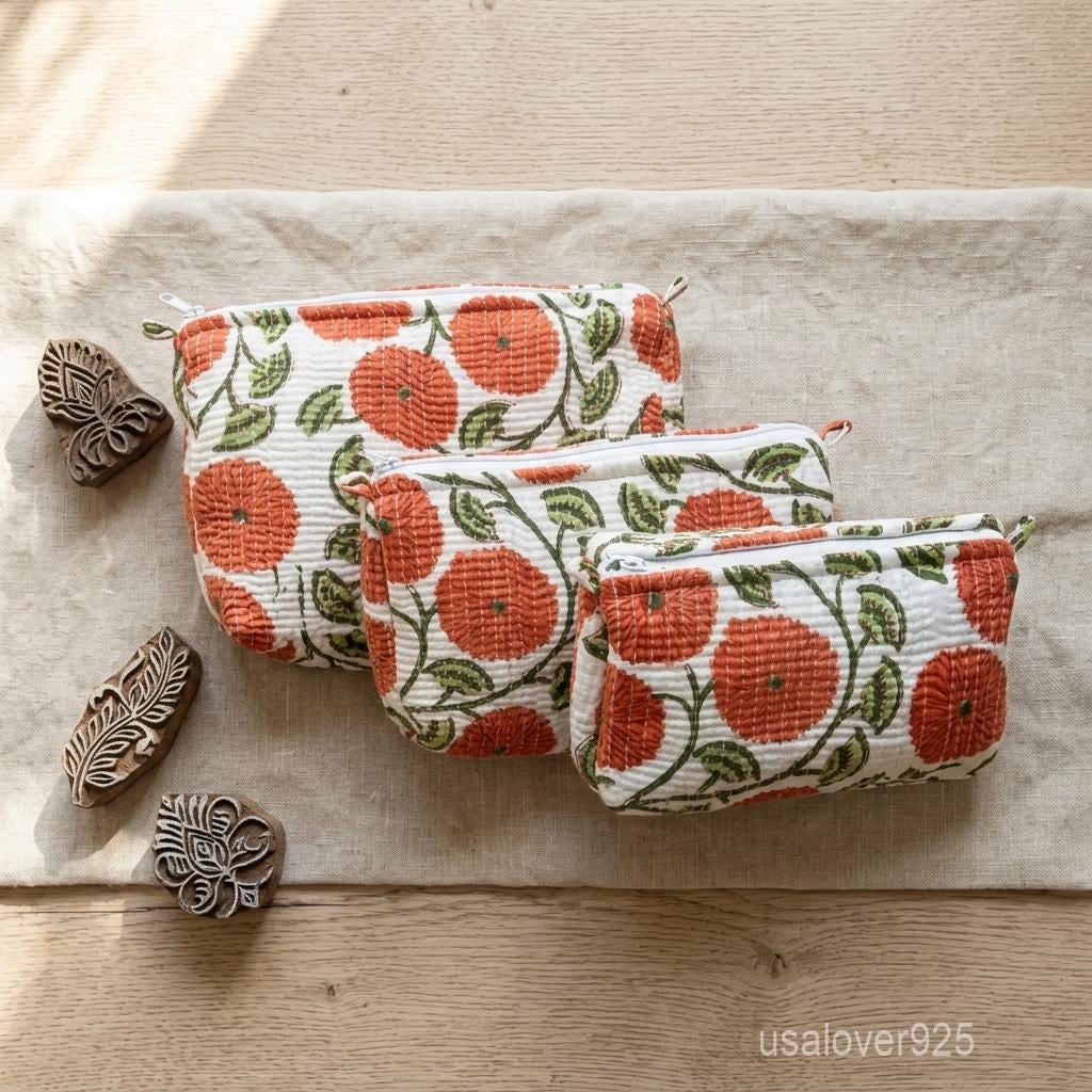 Red Block Print Quilted Cotton Toiletry Bags Set of 3 with Waterproof Lining Beads