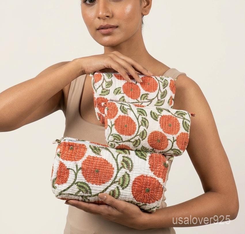 Red Block Print Quilted Cotton Toiletry Bags Set of 3 with Waterproof Lining Beads