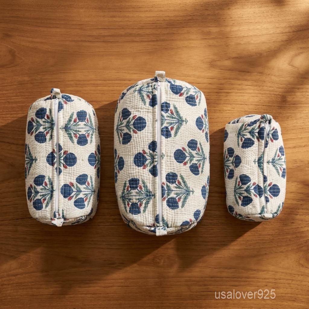 White Floral Quilted Cotton Toiletry Bags Set of 3 with Waterproof Plastic Lining