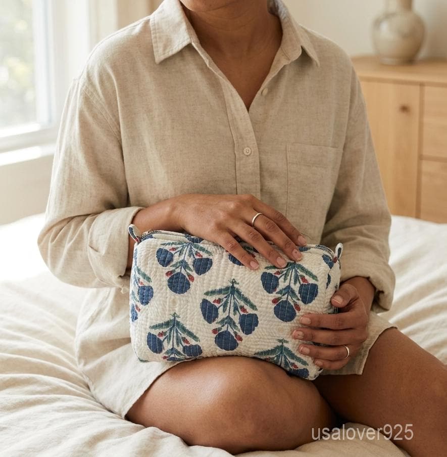 White Floral Quilted Cotton Toiletry Bags Set of 3 with Waterproof Plastic Lining