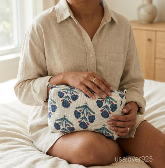 White Floral Quilted Cotton Toiletry Bags Set of 3 with Waterproof Plastic Lining - Taxocrafts