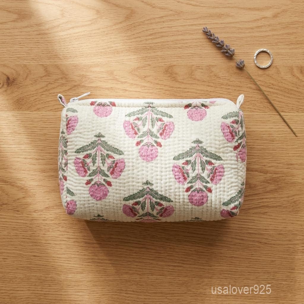 White Block Print Quilted Cotton Toiletry Bags Set of 3 with Waterproof Lining Beads