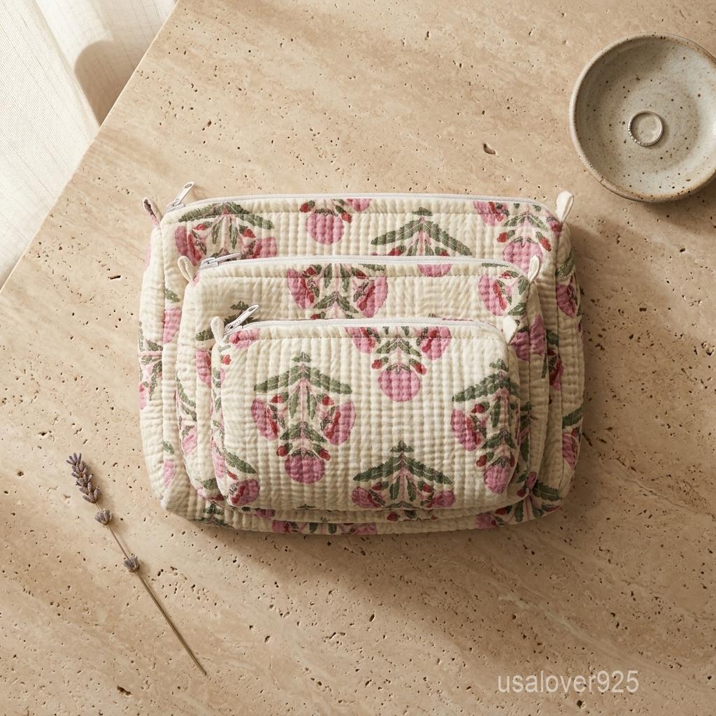 White Block Print Quilted Cotton Toiletry Bags Set of 3 with Waterproof Lining Beads