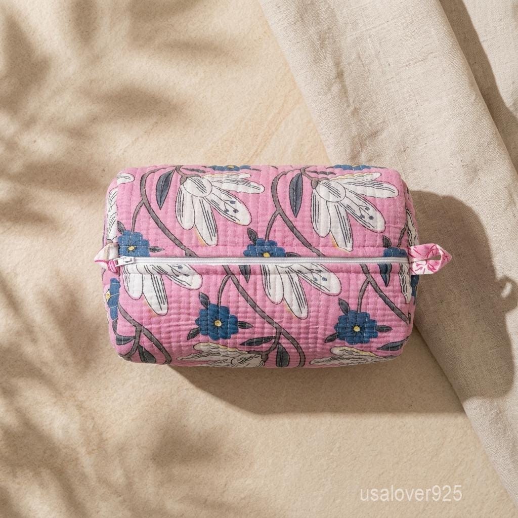 Pink Floral Quilted Cotton Toiletry Bags Set of 3 with Waterproof Plastic Lining