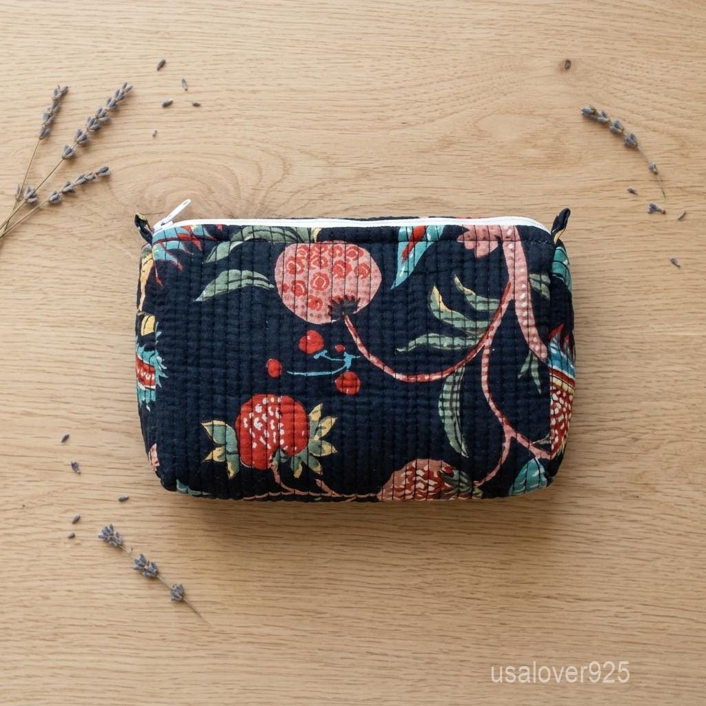 Navy Blue Floral Quilted Cotton Toiletry Bags Set of 3 with Waterproof Lining