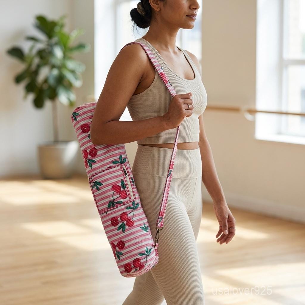 Handmade Quilted Yoga Mat Bag, Block Fruit Print Cotton Carrier Bag