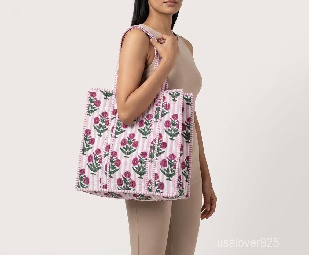 Pink Floral Quilted Tote Bag, Handmade Cotton Shoulder Market Bag