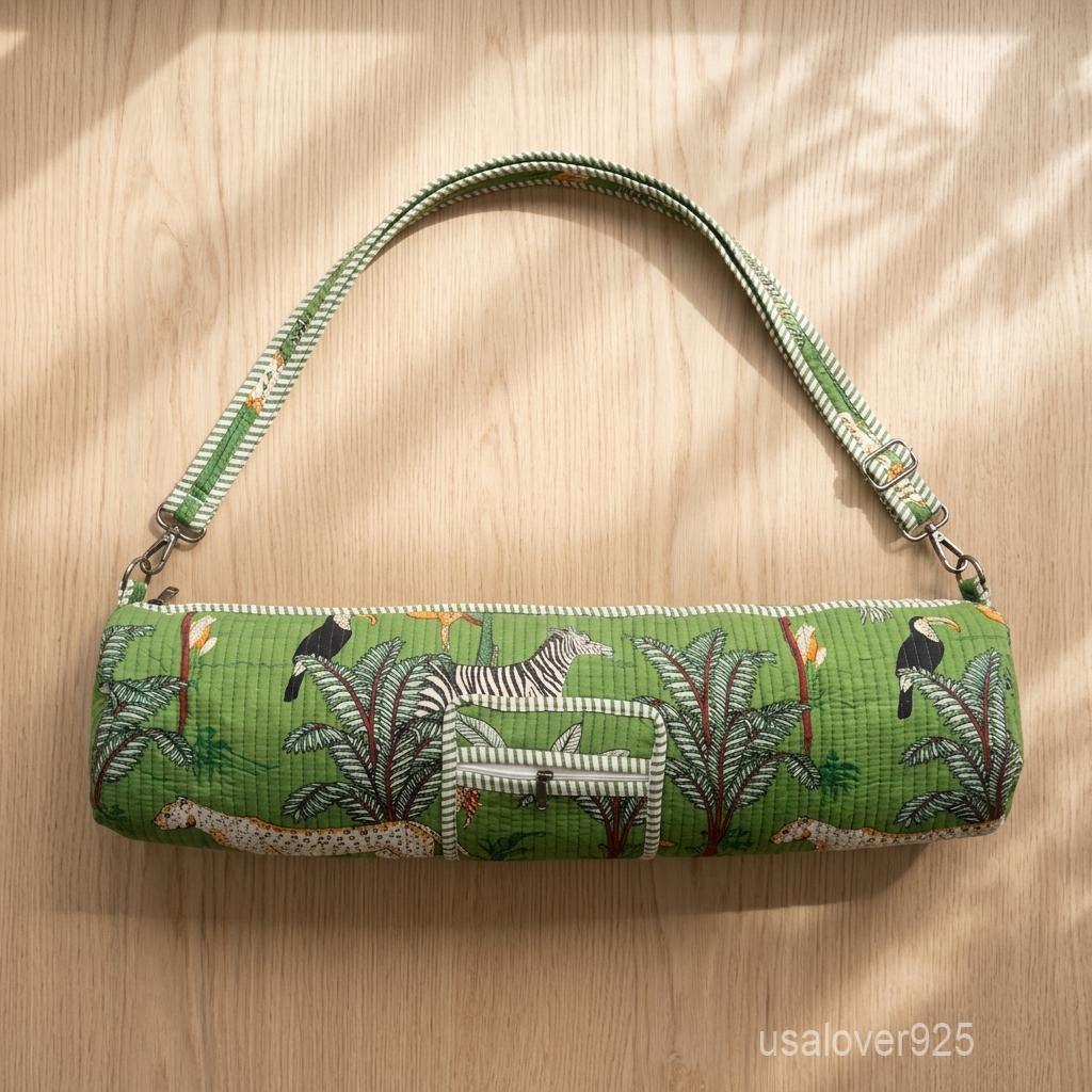 Forest Print Quilted Yoga Mat Bag, Handmade Cotton Yoga Carrier