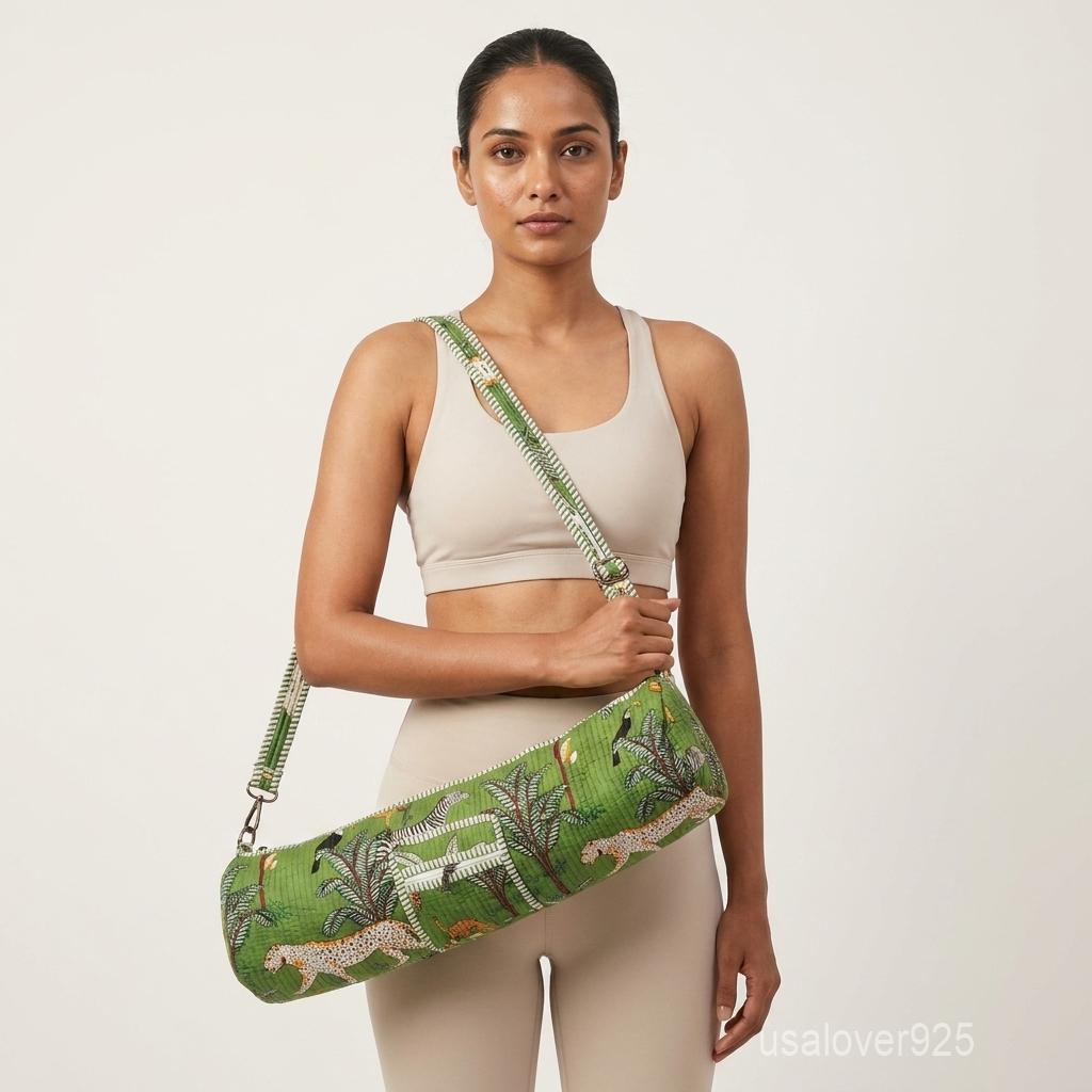 Forest Print Quilted Yoga Mat Bag, Handmade Cotton Yoga Carrier