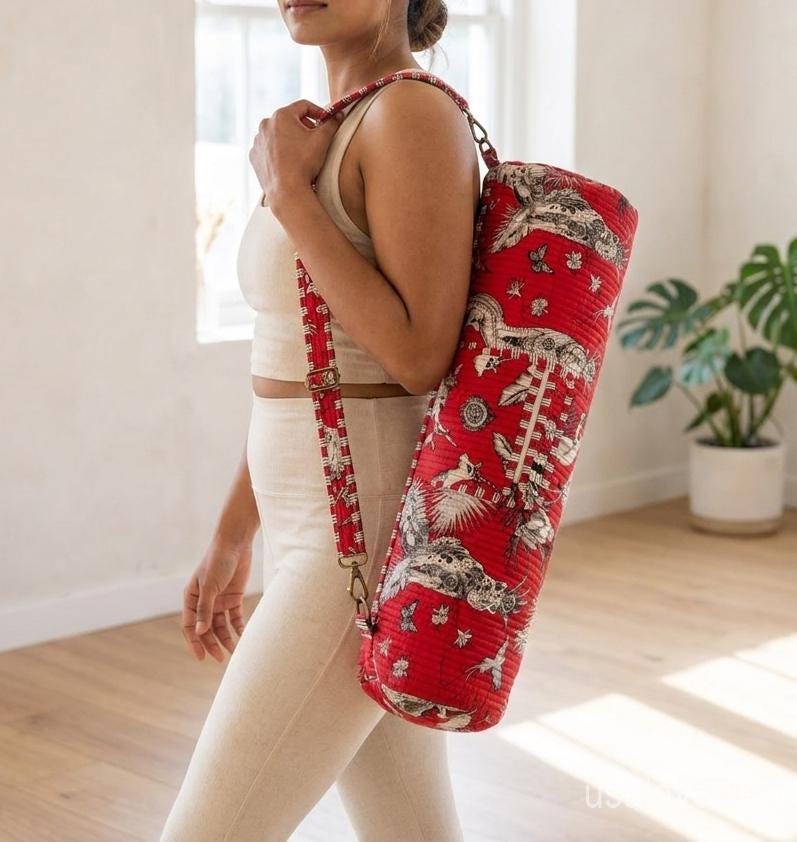 Pink Animal Print Quilted Yoga Mat Bag, Handmade Cotton Gym Bag