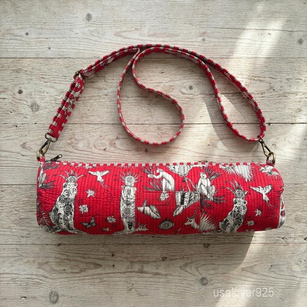 Pink Animal Print Quilted Yoga Mat Bag, Handmade Cotton Gym Bag