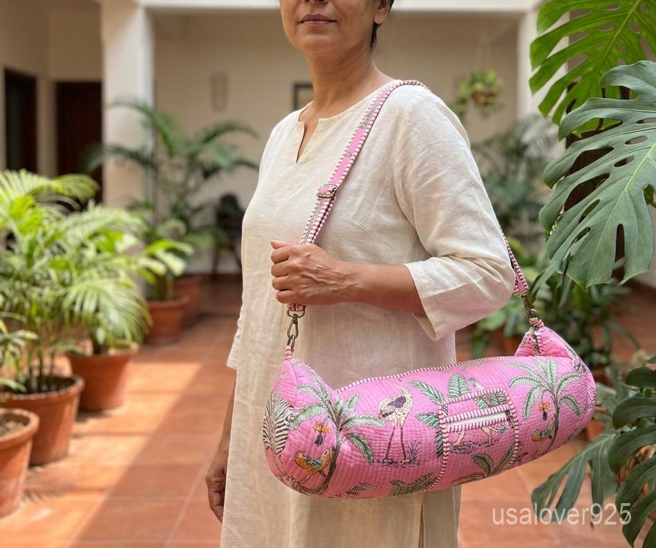 Hand Block Print Pink Yoga Mat Bag - Quilted Cotton Carrier with Adjustable Strap & Pockets