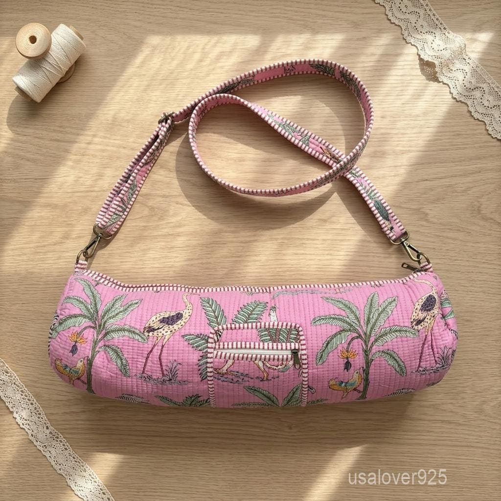 Hand Block Print Pink Yoga Mat Bag - Quilted Cotton Carrier with Adjustable Strap & Pockets