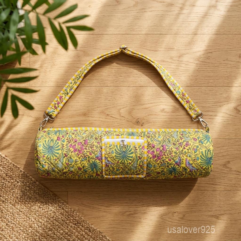 Yellow Floral Hand Block Print Yoga Mat Bag – Quilted Cotton Gym Carrier