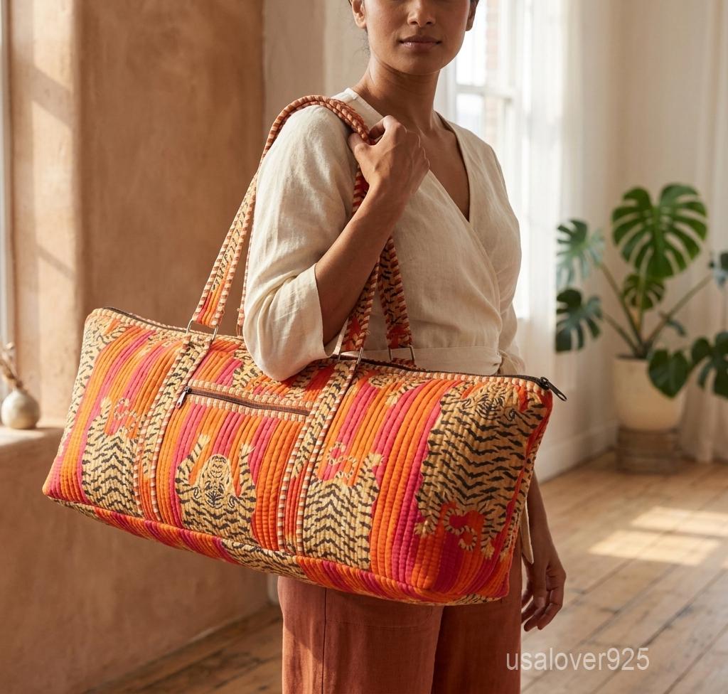 Tiger Print Quilted Yoga Bag - Large Orange Hand Block Print Cotton Tote