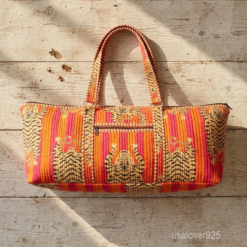 Tiger Print Quilted Yoga Bag - Large Orange Hand Block Print Cotton Tote