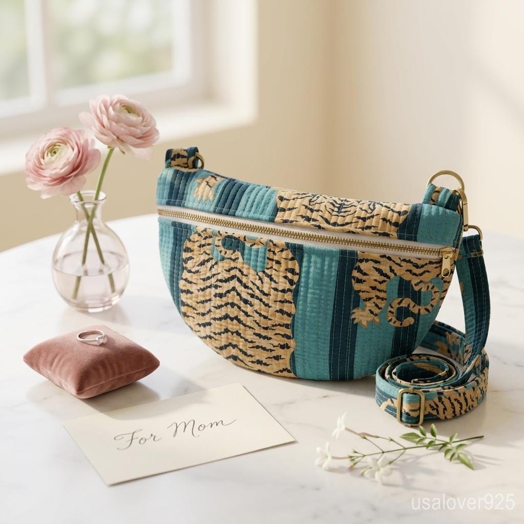 Blue Tiger Print Quilted Crossbody Bag, Cotton Mini Travel Purse, Boho Animal Print Tote
