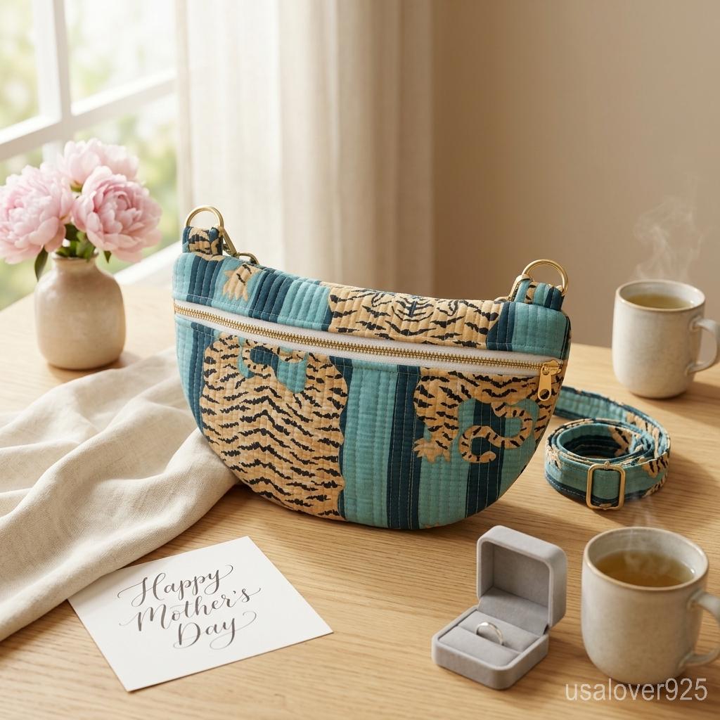 Blue Tiger Print Quilted Crossbody Bag, Cotton Mini Travel Purse, Boho Animal Print Tote